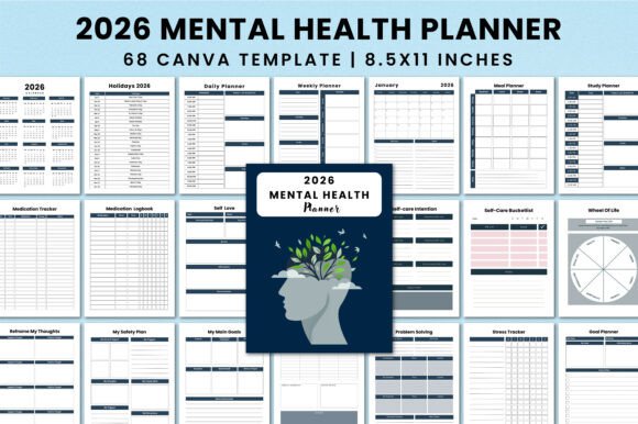 Download 2026 Mental Health Planner Canva KDP - Mental health plan Collection